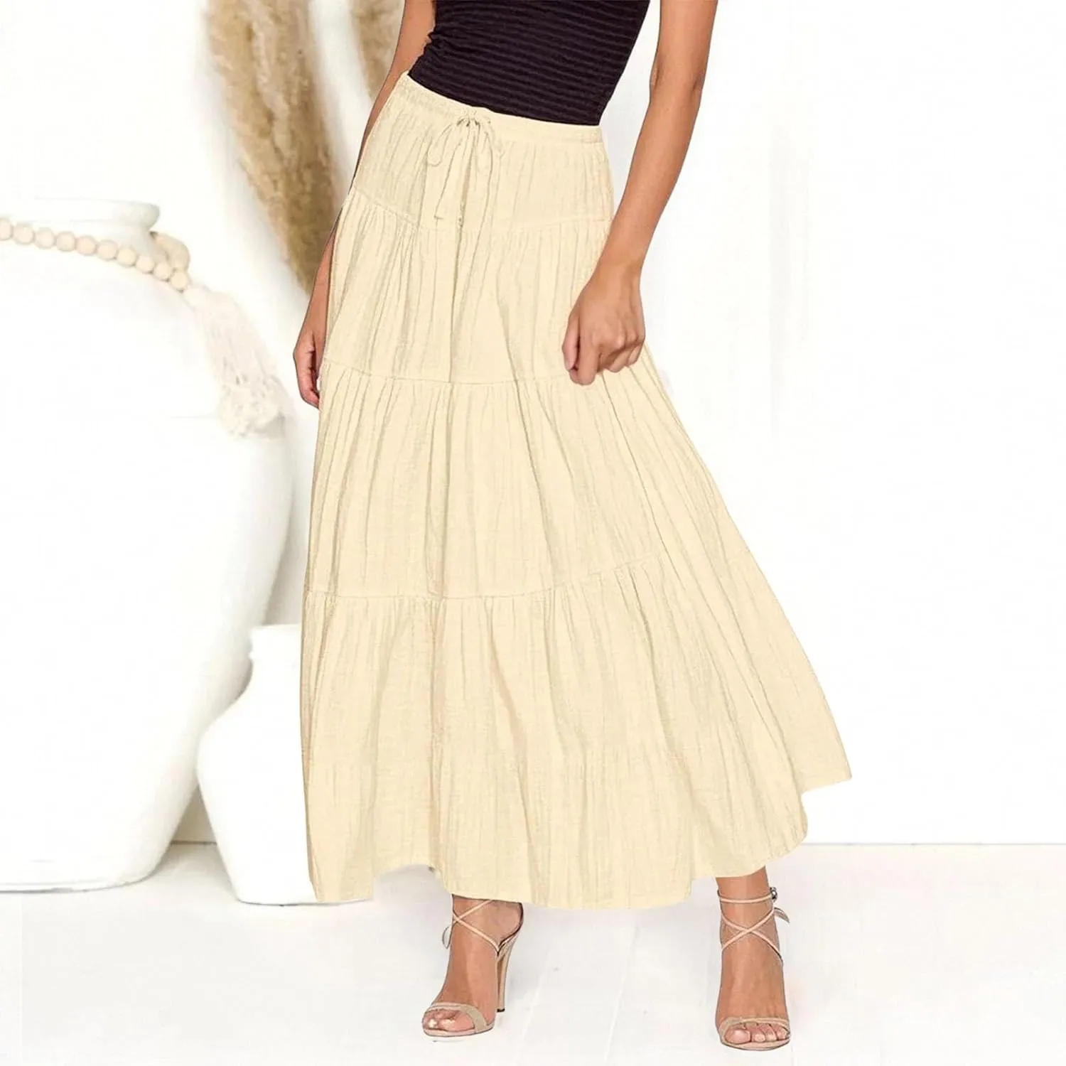 Ruffle Long Skirts Women Drawstring Pleated Flowy Peasant Maxi Skirt Summer Vacation Beach High Waisted Tiered Skirts