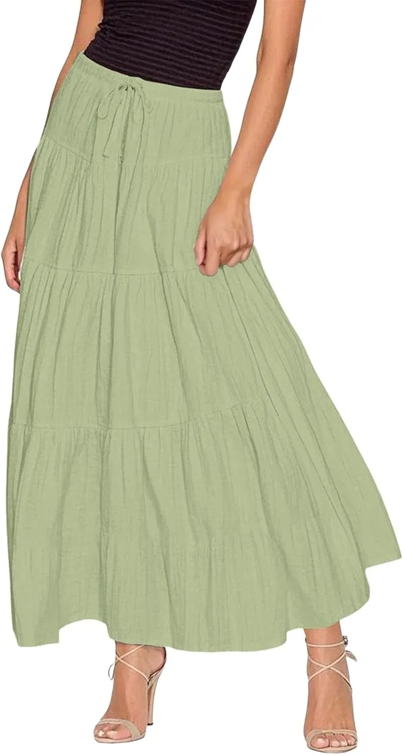 Ruffle Long Skirts Women Drawstring Pleated Flowy Peasant Maxi Skirt Summer Vacation Beach High Waisted Tiered Skirts