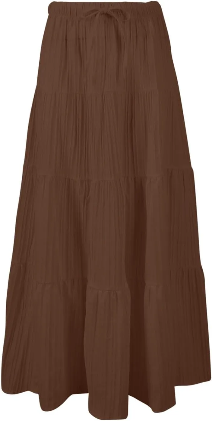 Ruffle Long Skirts Women Drawstring Pleated Flowy Peasant Maxi Skirt Summer Vacation Beach High Waisted Tiered Skirts