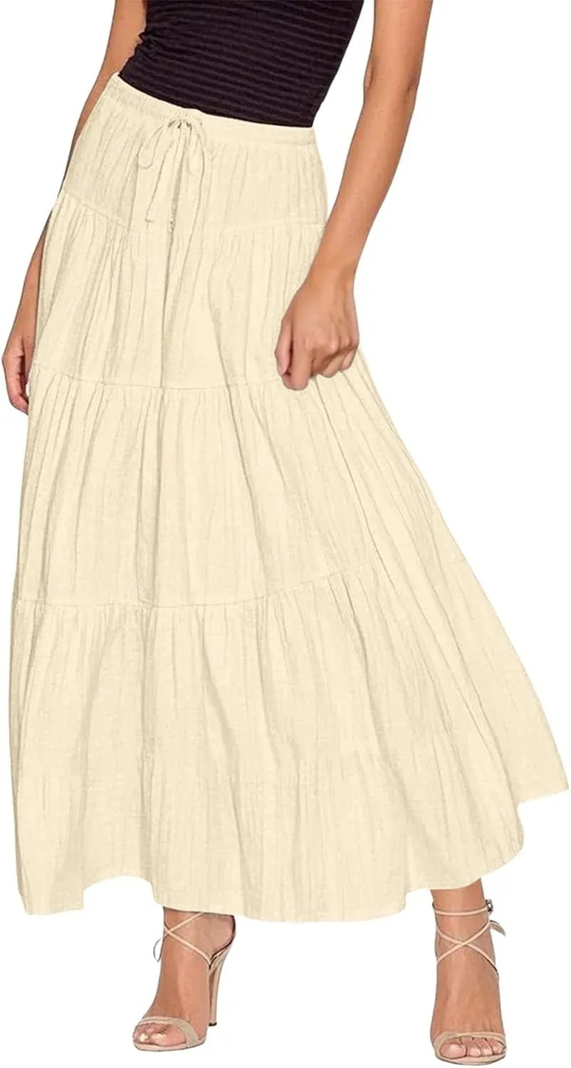 Ruffle Long Skirts Women Drawstring Pleated Flowy Peasant Maxi Skirt Summer Vacation Beach High Waisted Tiered Skirts