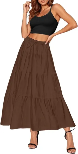 Ruffle Long Skirts Women Drawstring Pleated Flowy Peasant Maxi Skirt Summer Vacation Beach High Waisted Tiered Skirts