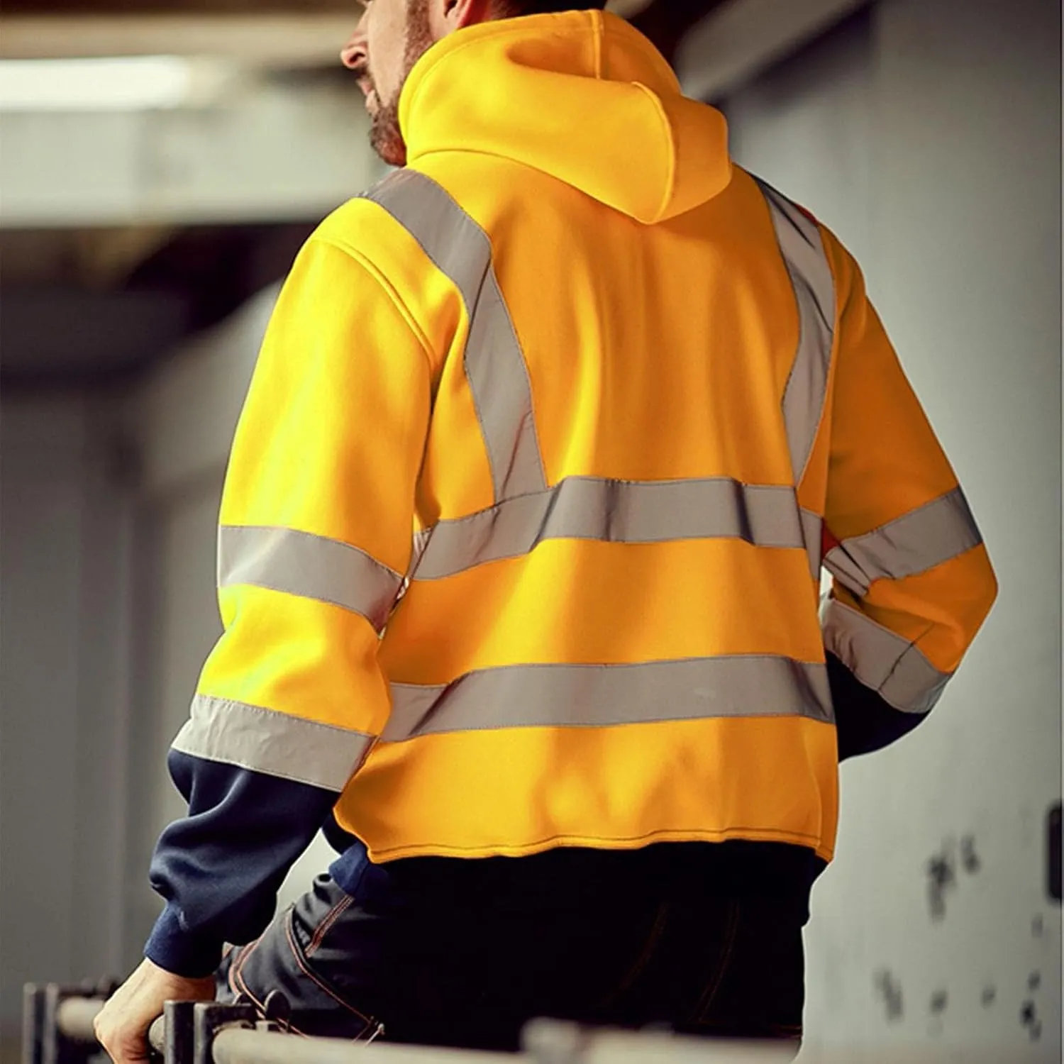 Safety Hoodies for Men High Visibility Reflective Workwear Fleece Lined Zip Up Jackets Hooded Sweatshirts with Pocket