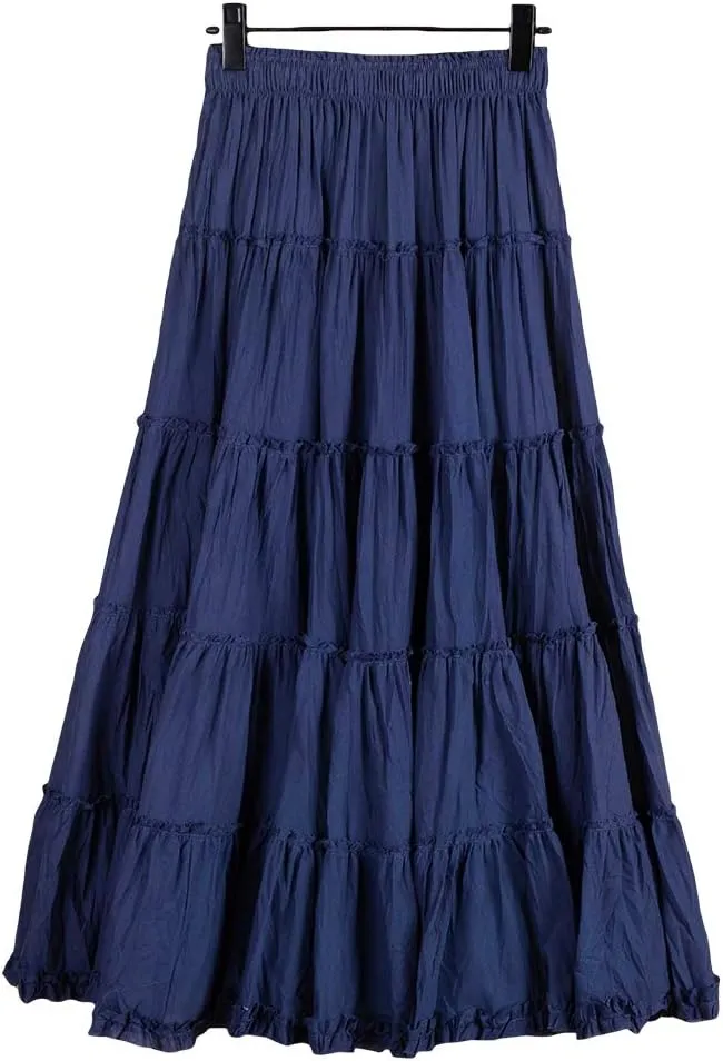 Saukiee Women's Bohemian Elastic Waist Long Skirt Cotton Circle Ruffle Broomstick Peasant Maxi Tiered Skirts