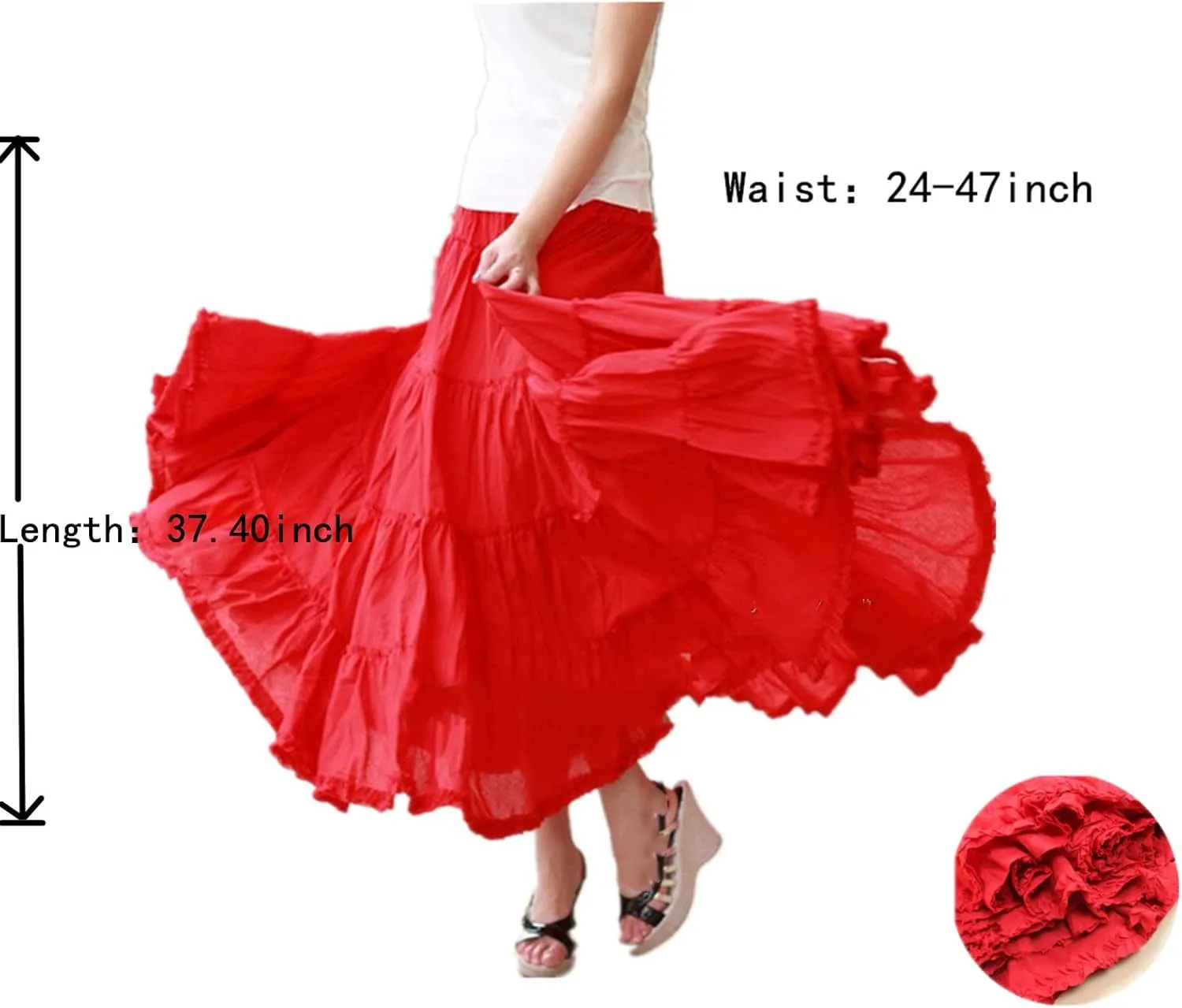 Saukiee Women's Bohemian Elastic Waist Long Skirt Cotton Circle Ruffle Broomstick Peasant Maxi Tiered Skirts
