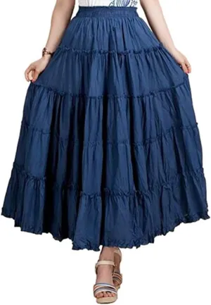 Saukiee Women's Bohemian Elastic Waist Long Skirt Cotton Circle Ruffle Broomstick Peasant Maxi Tiered Skirts