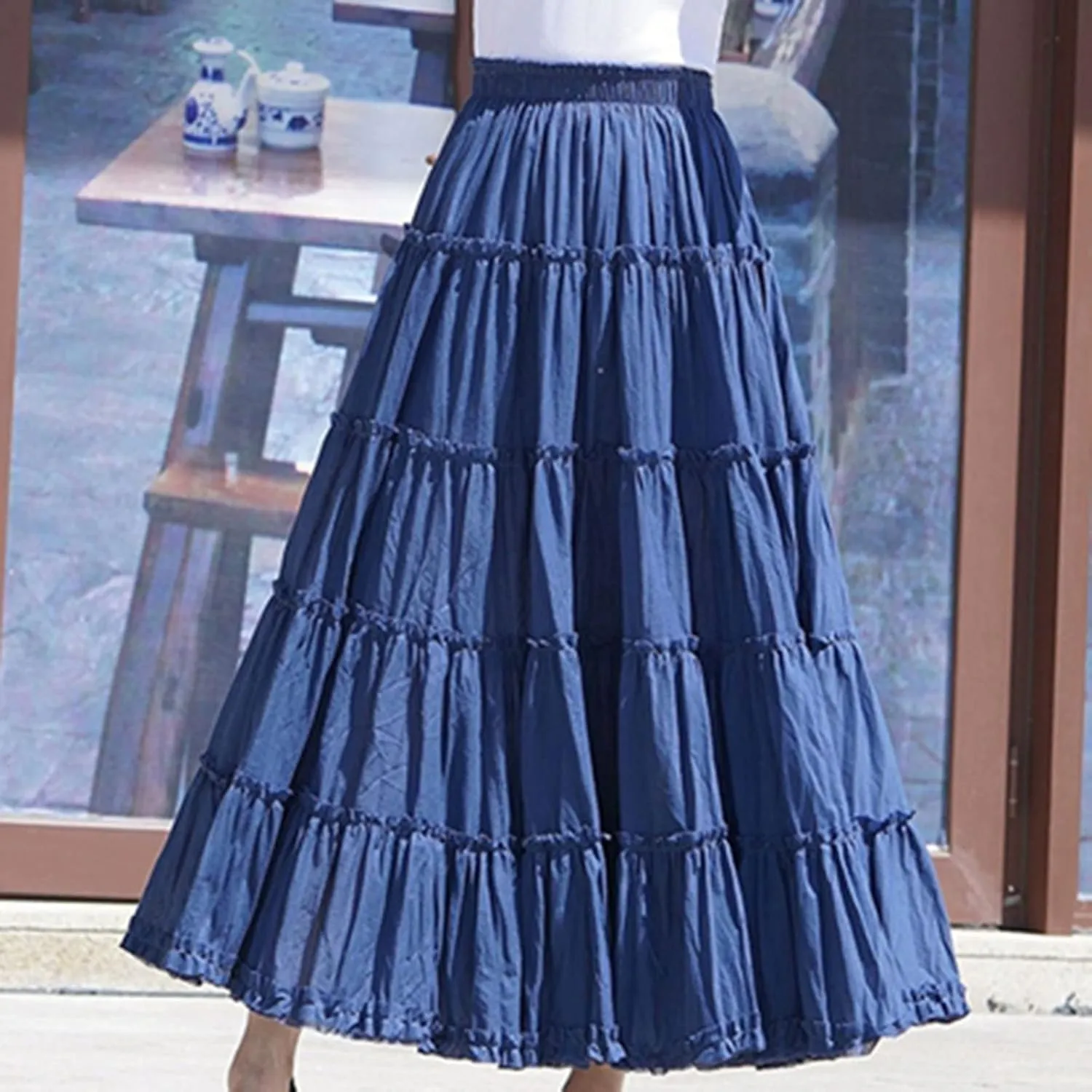 Saukiee Women's Bohemian Elastic Waist Long Skirt Cotton Circle Ruffle Broomstick Peasant Maxi Tiered Skirts
