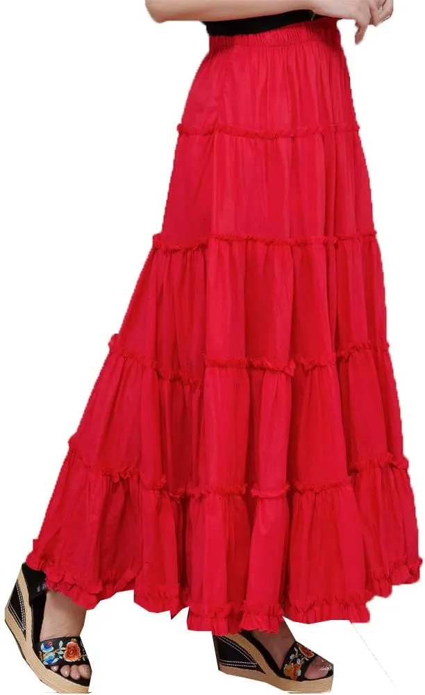 Saukiee Women's Bohemian Elastic Waist Long Skirt Cotton Circle Ruffle Broomstick Peasant Maxi Tiered Skirts