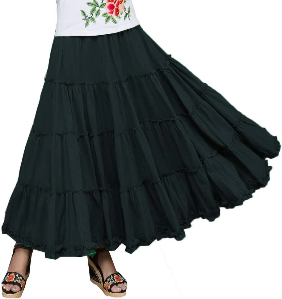 Saukiee Women's Bohemian Elastic Waist Long Skirt Cotton Circle Ruffle Broomstick Peasant Maxi Tiered Skirts
