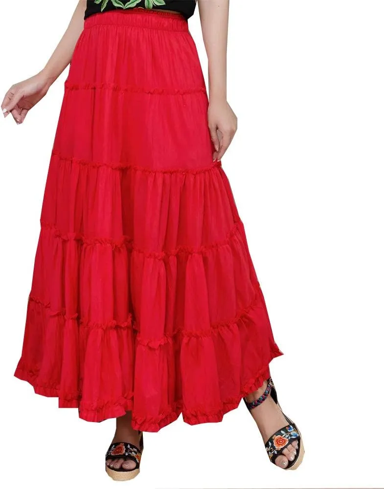 Saukiee Women's Bohemian Elastic Waist Long Skirt Cotton Circle Ruffle Broomstick Peasant Maxi Tiered Skirts