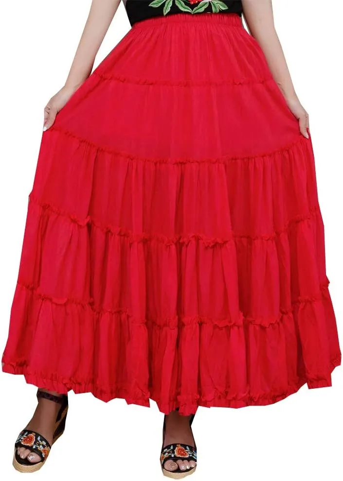 Saukiee Women's Bohemian Elastic Waist Long Skirt Cotton Circle Ruffle Broomstick Peasant Maxi Tiered Skirts