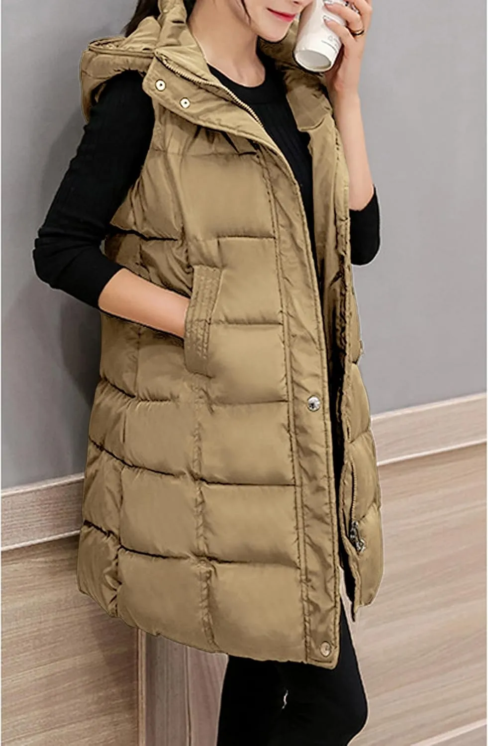 SCUSTY Womens Long Puffer Vest Sleeveless Coats Quilted Vests Outerwear Jackets with Hood