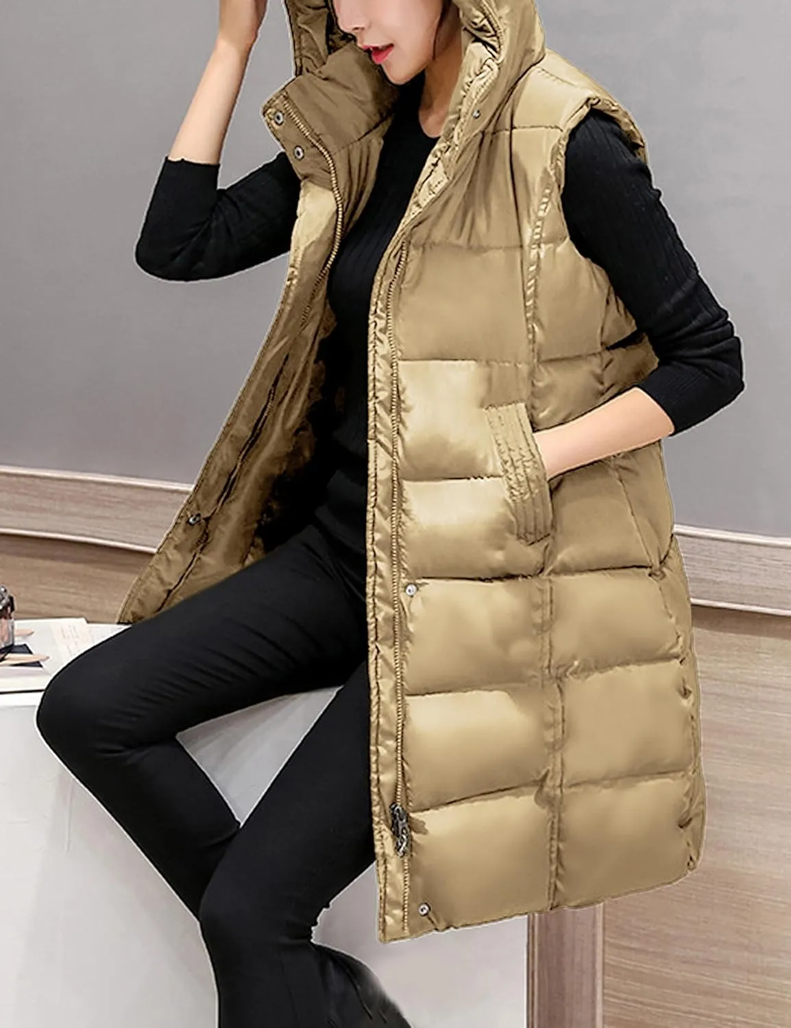 SCUSTY Womens Long Puffer Vest Sleeveless Coats Quilted Vests Outerwear Jackets with Hood