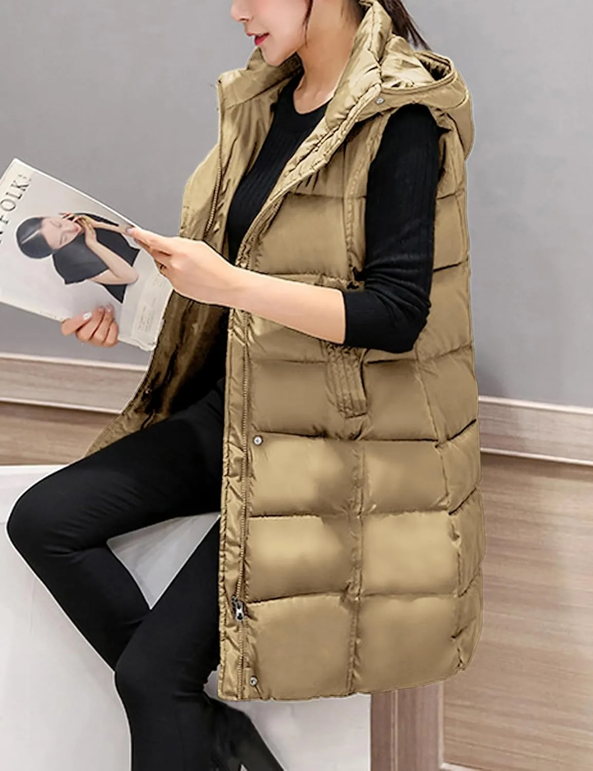 SCUSTY Womens Long Puffer Vest Sleeveless Coats Quilted Vests Outerwear Jackets with Hood
