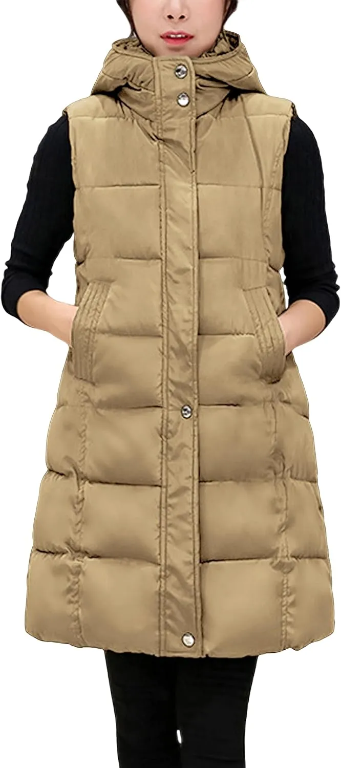 SCUSTY Womens Long Puffer Vest Sleeveless Coats Quilted Vests Outerwear Jackets with Hood