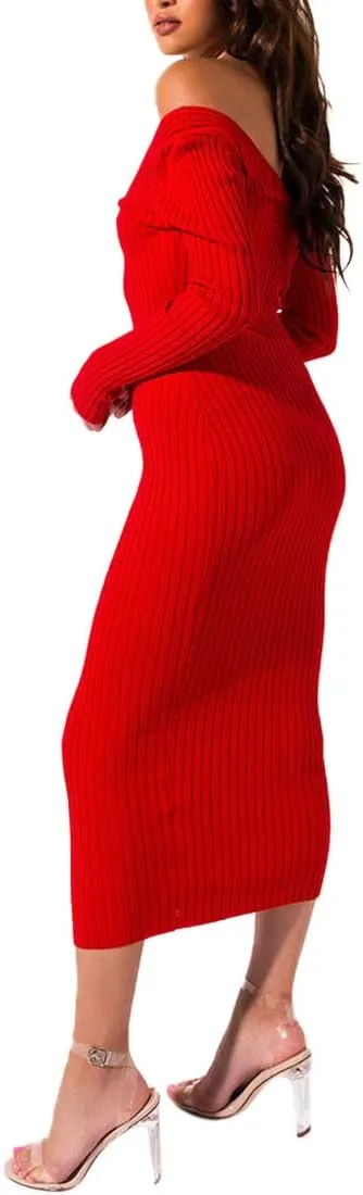 SheKiss Women's Off Shoulder Long Sleeves Bodycon Sweater Dress Sexy Knit Slim Cardigans