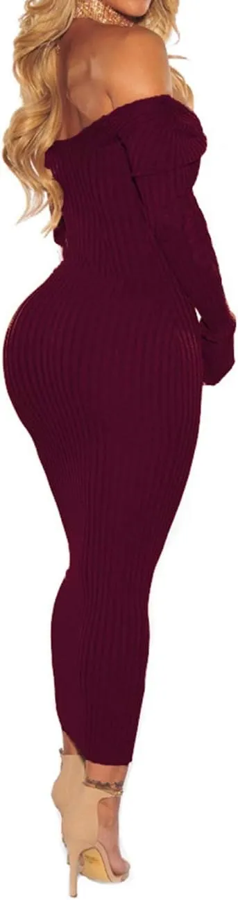 SheKiss Women's Off Shoulder Long Sleeves Bodycon Sweater Dress Sexy Knit Slim Cardigans