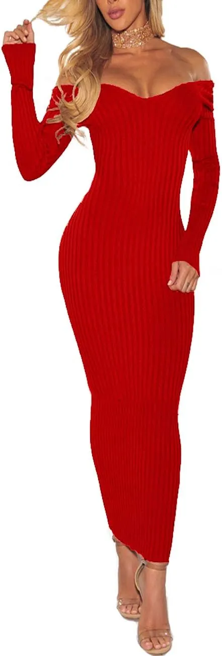 SheKiss Women's Off Shoulder Long Sleeves Bodycon Sweater Dress Sexy Knit Slim Cardigans