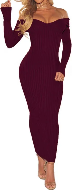 SheKiss Women's Off Shoulder Long Sleeves Bodycon Sweater Dress Sexy Knit Slim Cardigans