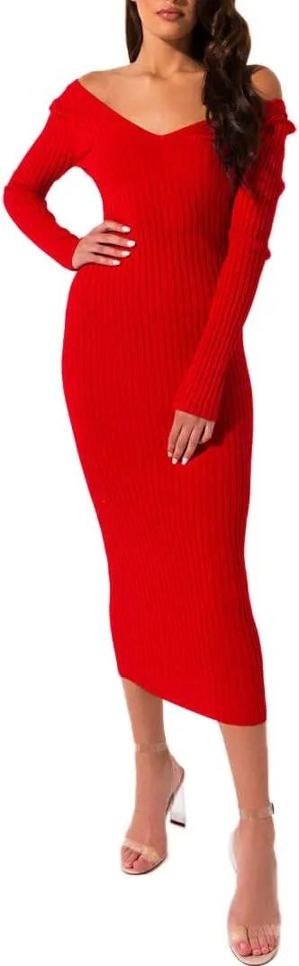 SheKiss Women's Off Shoulder Long Sleeves Bodycon Sweater Dress Sexy Knit Slim Cardigans