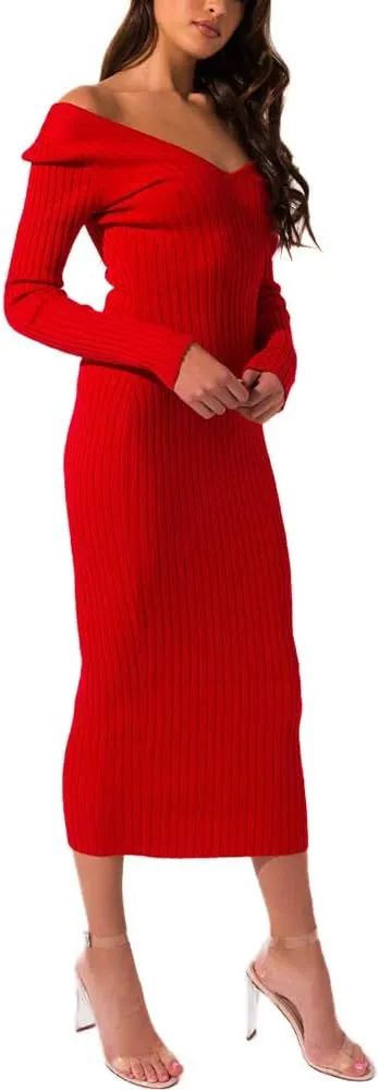 SheKiss Women's Off Shoulder Long Sleeves Bodycon Sweater Dress Sexy Knit Slim Cardigans