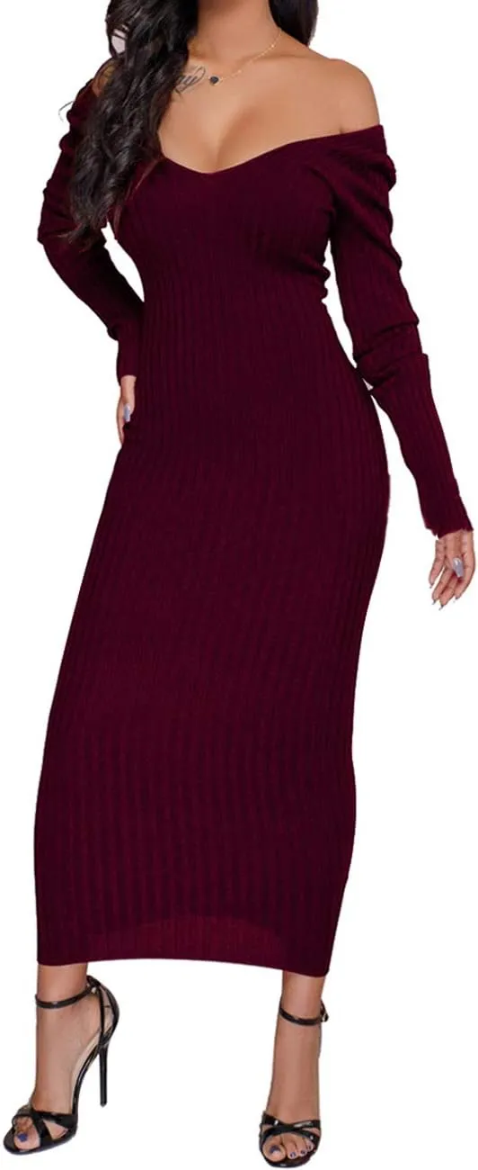 SheKiss Women's Off Shoulder Long Sleeves Bodycon Sweater Dress Sexy Knit Slim Cardigans