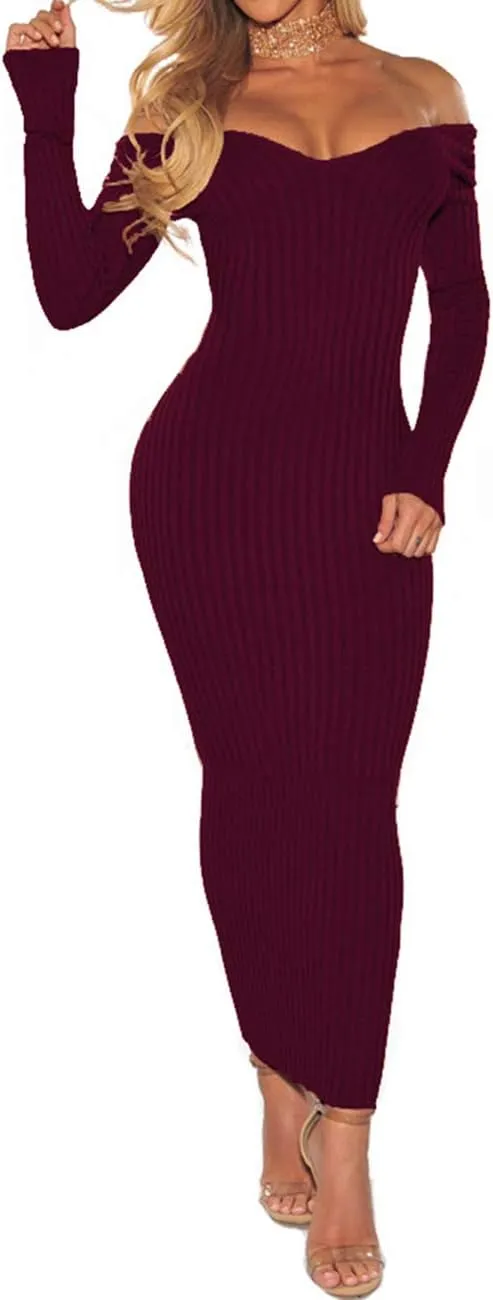 SheKiss Women's Off Shoulder Long Sleeves Bodycon Sweater Dress Sexy Knit Slim Cardigans