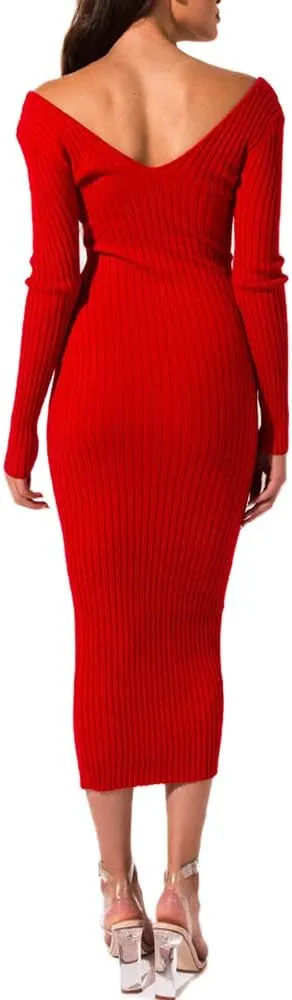 SheKiss Women's Off Shoulder Long Sleeves Bodycon Sweater Dress Sexy Knit Slim Cardigans
