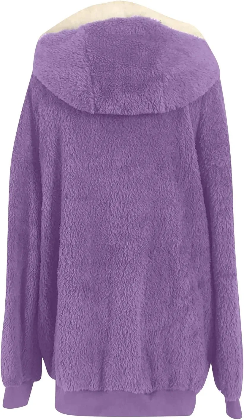 Sherpa Jackets For Women Fuzzy Fleece Teddy Coat Color Block Faux Shearling Cardigan Warm Hooded Zip Up Outwear