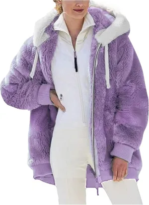 Sherpa Jackets For Women Fuzzy Fleece Teddy Coat Color Block Faux Shearling Cardigan Warm Hooded Zip Up Outwear