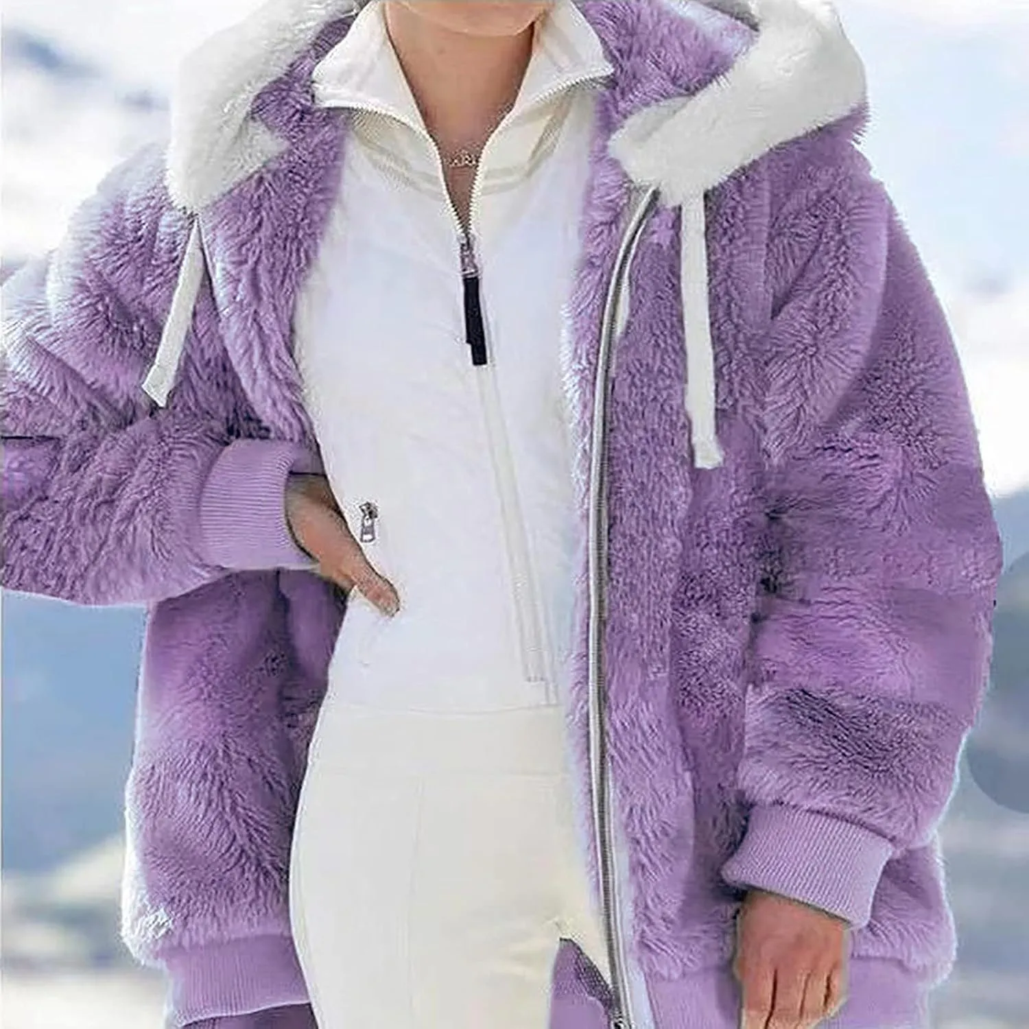 Sherpa Jackets For Women Fuzzy Fleece Teddy Coat Color Block Faux Shearling Cardigan Warm Hooded Zip Up Outwear