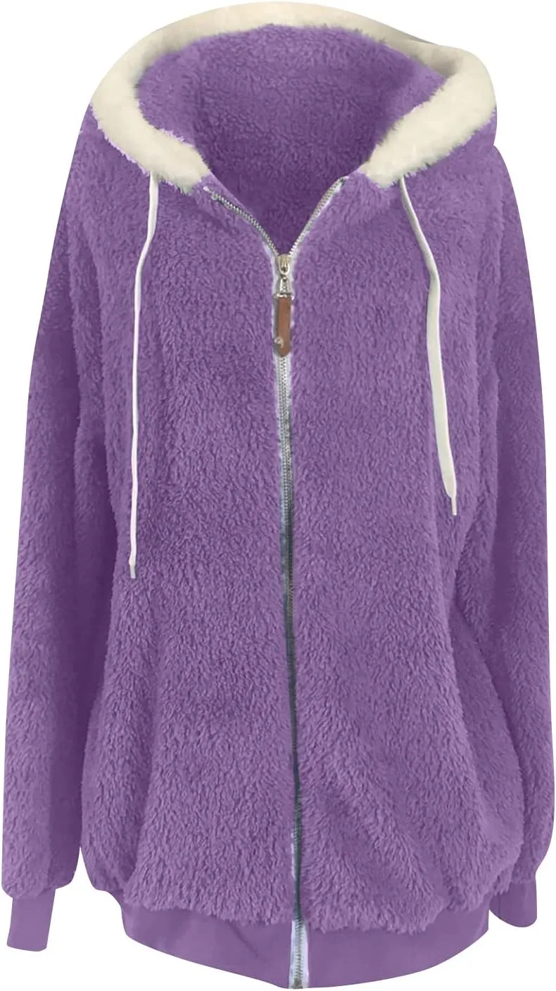 Sherpa Jackets For Women Fuzzy Fleece Teddy Coat Color Block Faux Shearling Cardigan Warm Hooded Zip Up Outwear