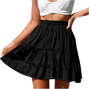 Skirts for Women 2025 Boho Summer A-Line Pleated Skirt Casual Elastic High Waist Tiered Ruffle Flowy Cute Mini Skirt