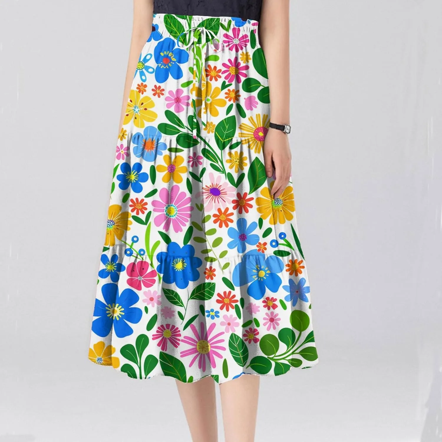 Skirts for Women Beach Vacation Casual Summer Fake Drawstring Floral Pleated A Line Boho Cute Tiered Skirts