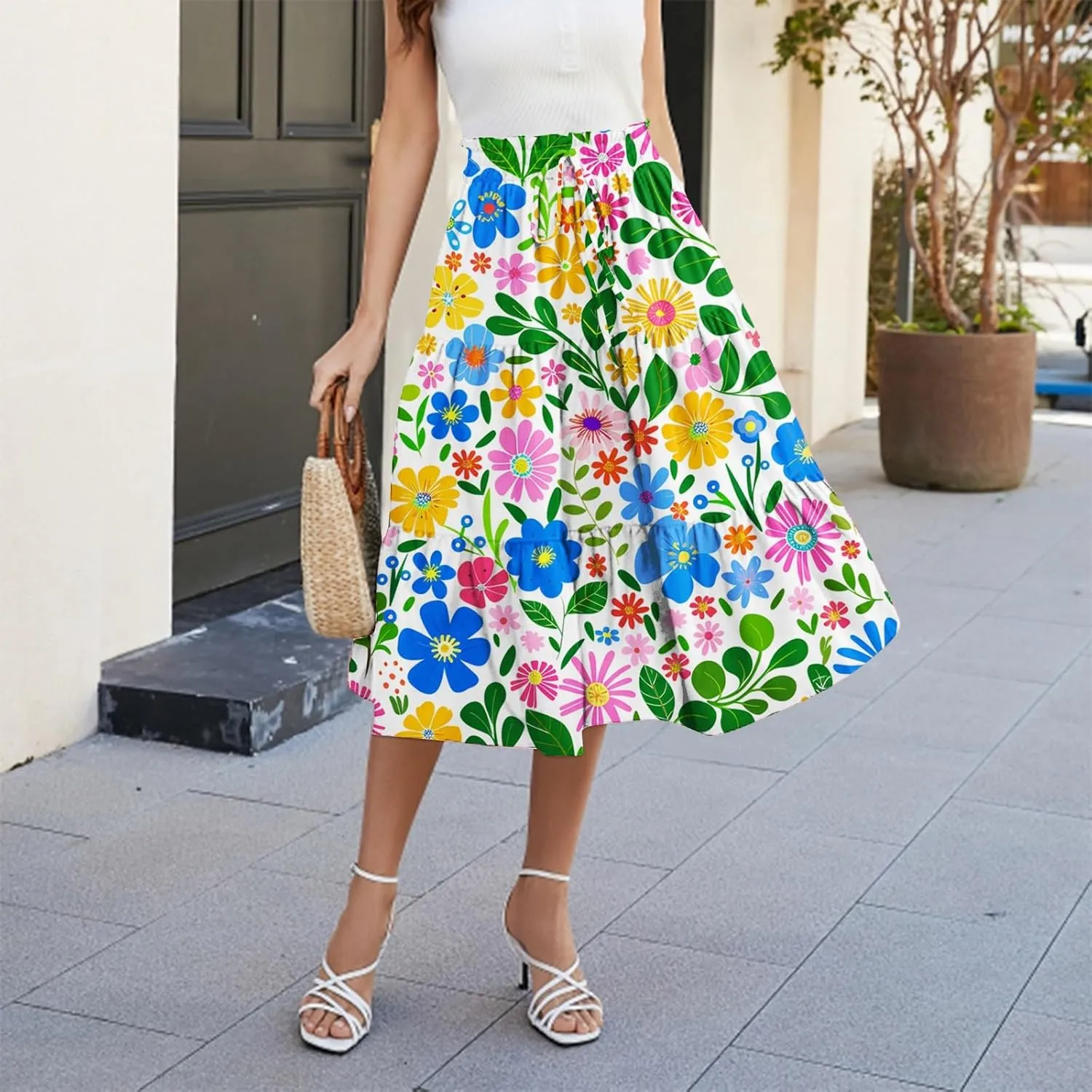 Skirts for Women Beach Vacation Casual Summer Fake Drawstring Floral Pleated A Line Boho Cute Tiered Skirts