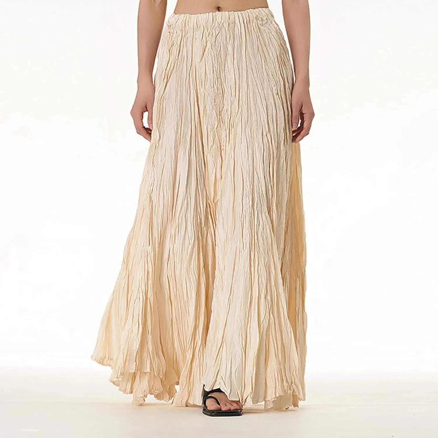 Skirts for Women Trendy Summer Pleated Wrinkle Boho Elastic High Waist Flowy Swing Maxi Long Skirt Holiday Outfit