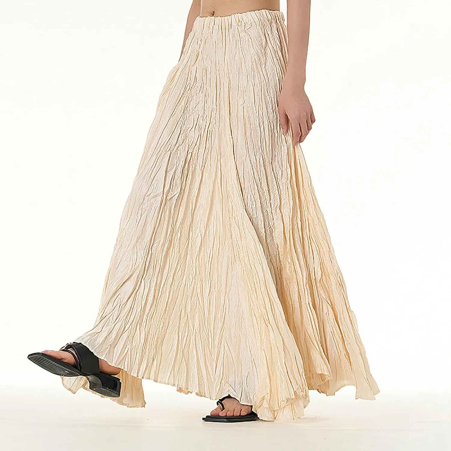Skirts for Women Trendy Summer Pleated Wrinkle Boho Elastic High Waist Flowy Swing Maxi Long Skirt Holiday Outfit