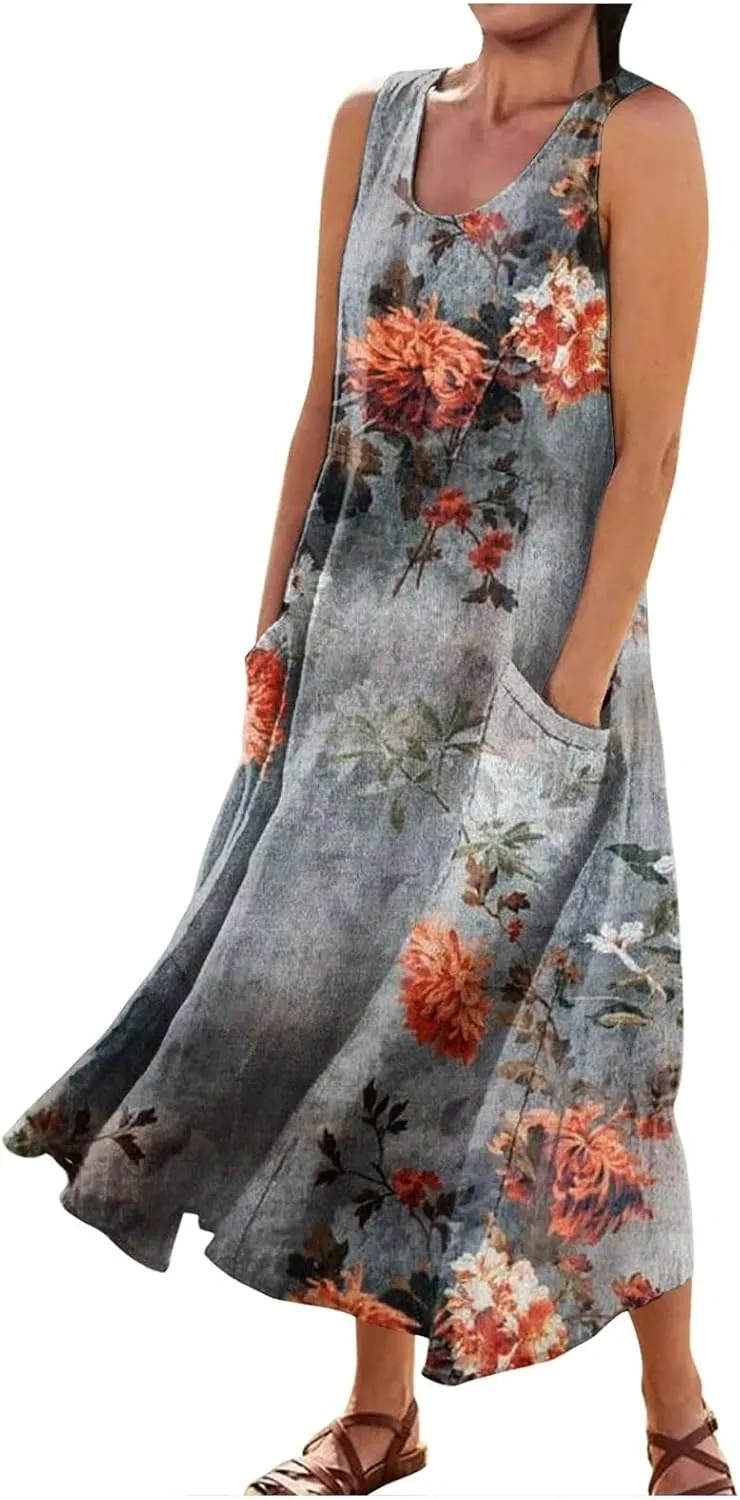Sleeveless Dresses for Womens 2024 Beach Cotton Linen Floral Printed Dresses with Pockets Casual Flowy Long Dress