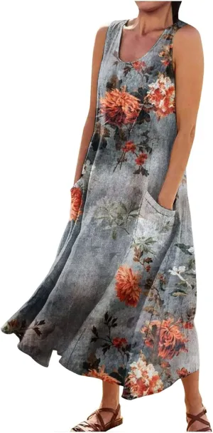 Sleeveless Dresses for Womens 2024 Beach Cotton Linen Floral Printed Dresses with Pockets Casual Flowy Long Dress