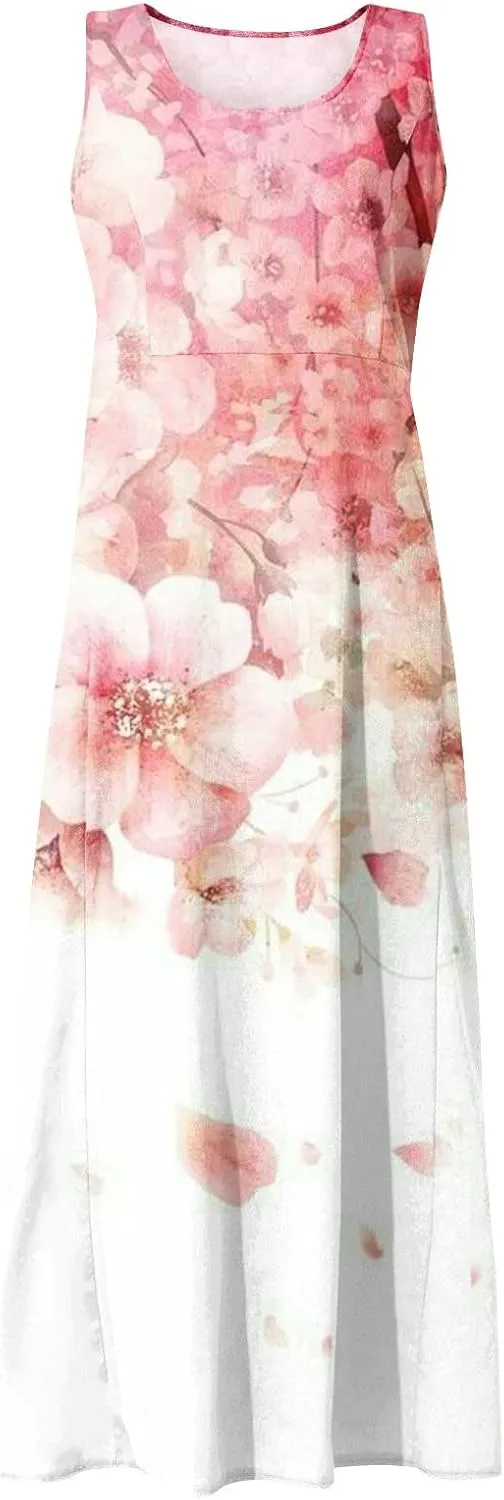 Sleeveless Dresses for Womens 2024 Beach Cotton Linen Floral Printed Dresses with Pockets Casual Flowy Long Dress