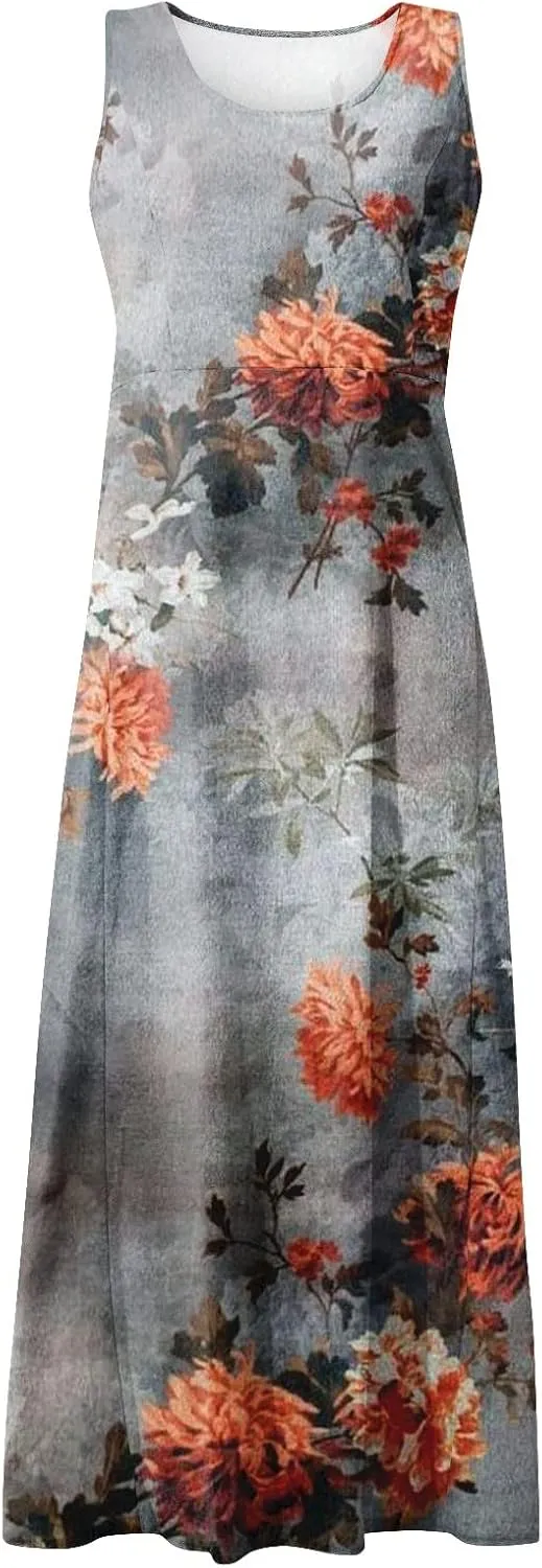 Sleeveless Dresses for Womens 2024 Beach Cotton Linen Floral Printed Dresses with Pockets Casual Flowy Long Dress