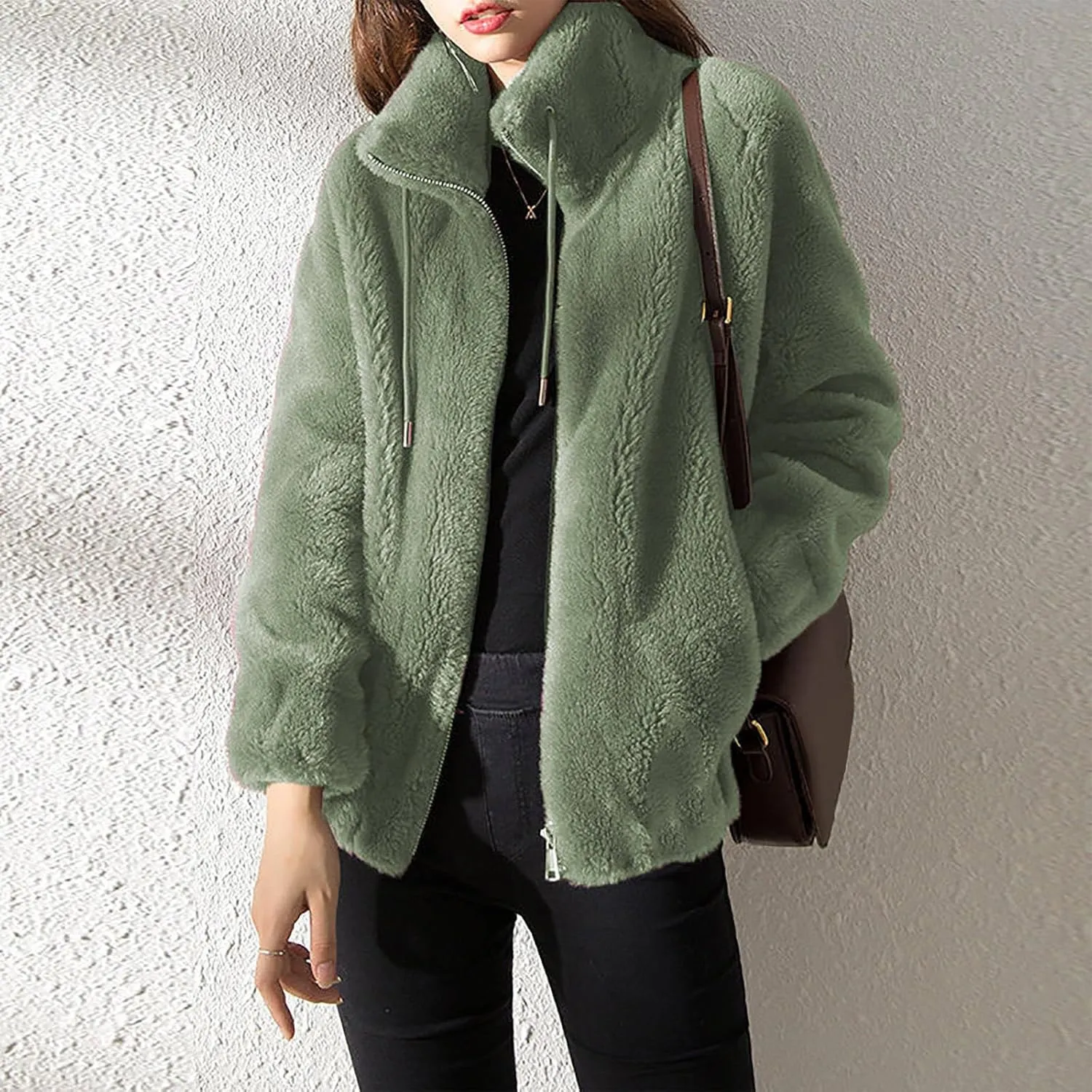 SMIDOW Fuzzy Fleece Coat For Womens Fall Fashion 2023 Standing Collar Warm Cardigan Zipper Fluffy Jackets Outerwear