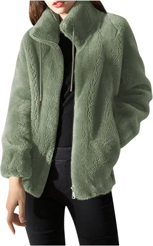 SMIDOW Fuzzy Fleece Coat For Womens Fall Fashion 2023 Standing Collar Warm Cardigan Zipper Fluffy Jackets Outerwear