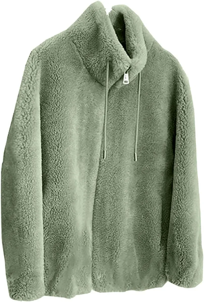 SMIDOW Fuzzy Fleece Coat For Womens Fall Fashion 2023 Standing Collar Warm Cardigan Zipper Fluffy Jackets Outerwear