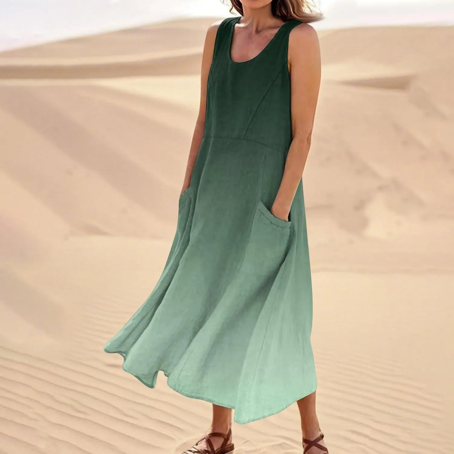 Summer Dresses for Women 2025 Casual Loose Boho Maxi Dress Vacation Beach Sleeveless Sundresses with Pockets