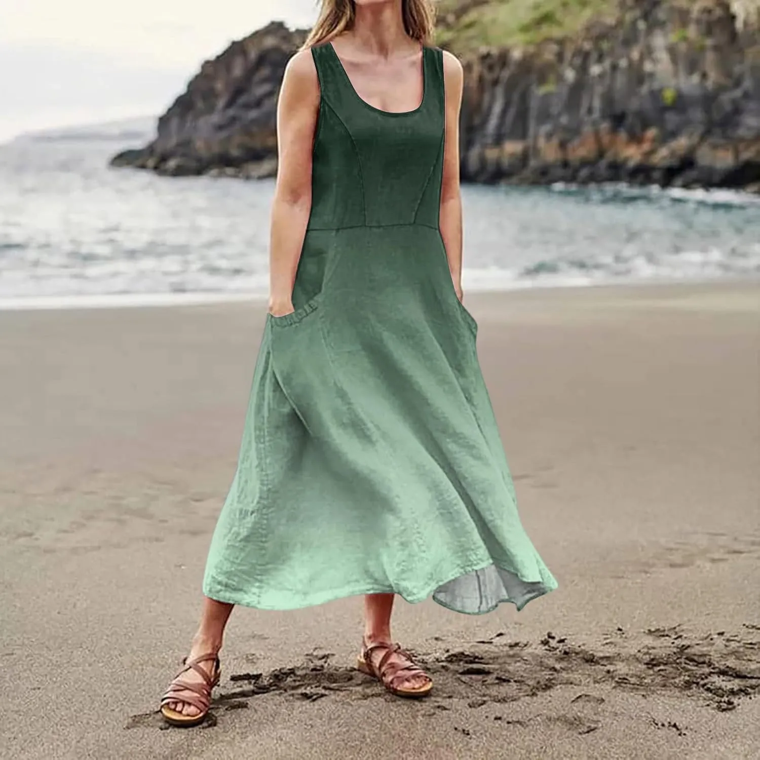Summer Dresses for Women 2025 Casual Loose Boho Maxi Dress Vacation Beach Sleeveless Sundresses with Pockets
