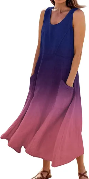 Summer Dresses for Women 2025 Casual Loose Boho Maxi Dress Vacation Beach Sleeveless Sundresses with Pockets