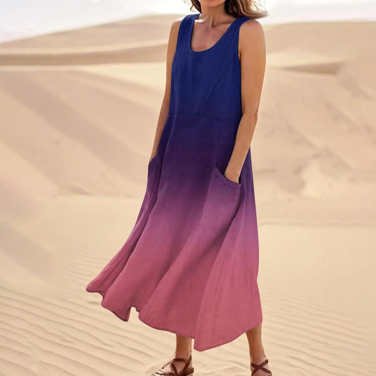 Summer Dresses for Women 2025 Casual Loose Boho Maxi Dress Vacation Beach Sleeveless Sundresses with Pockets