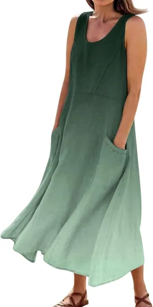 Summer Dresses for Women 2025 Casual Loose Boho Maxi Dress Vacation Beach Sleeveless Sundresses with Pockets