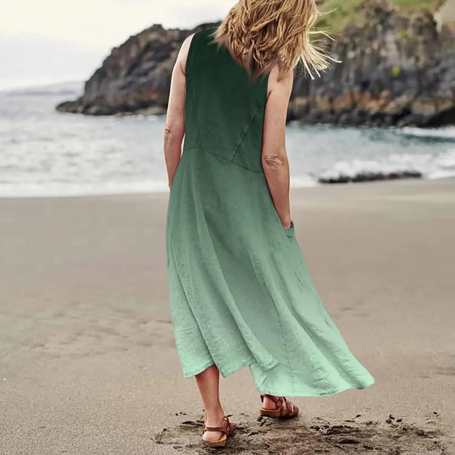Summer Dresses for Women 2025 Casual Loose Boho Maxi Dress Vacation Beach Sleeveless Sundresses with Pockets