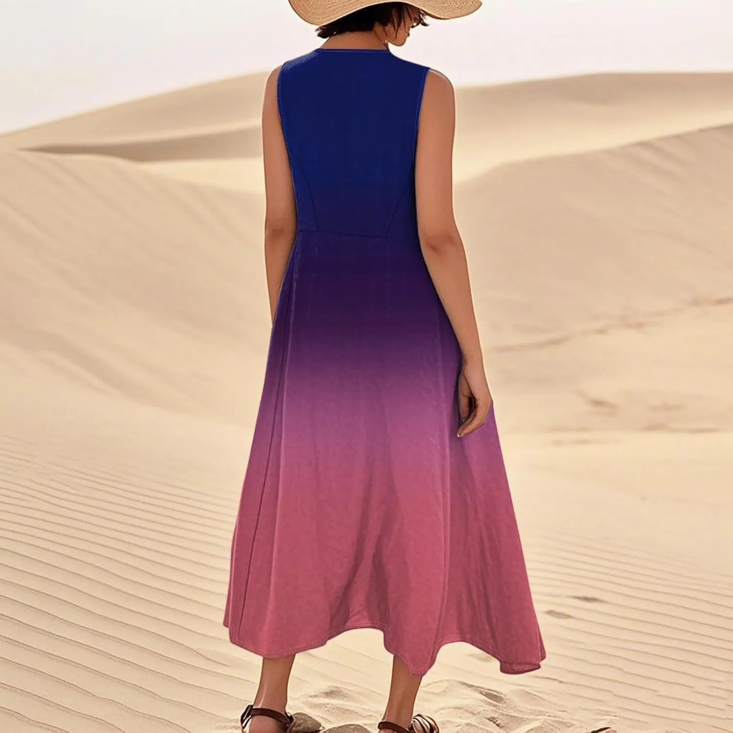 Summer Dresses for Women 2025 Casual Loose Boho Maxi Dress Vacation Beach Sleeveless Sundresses with Pockets